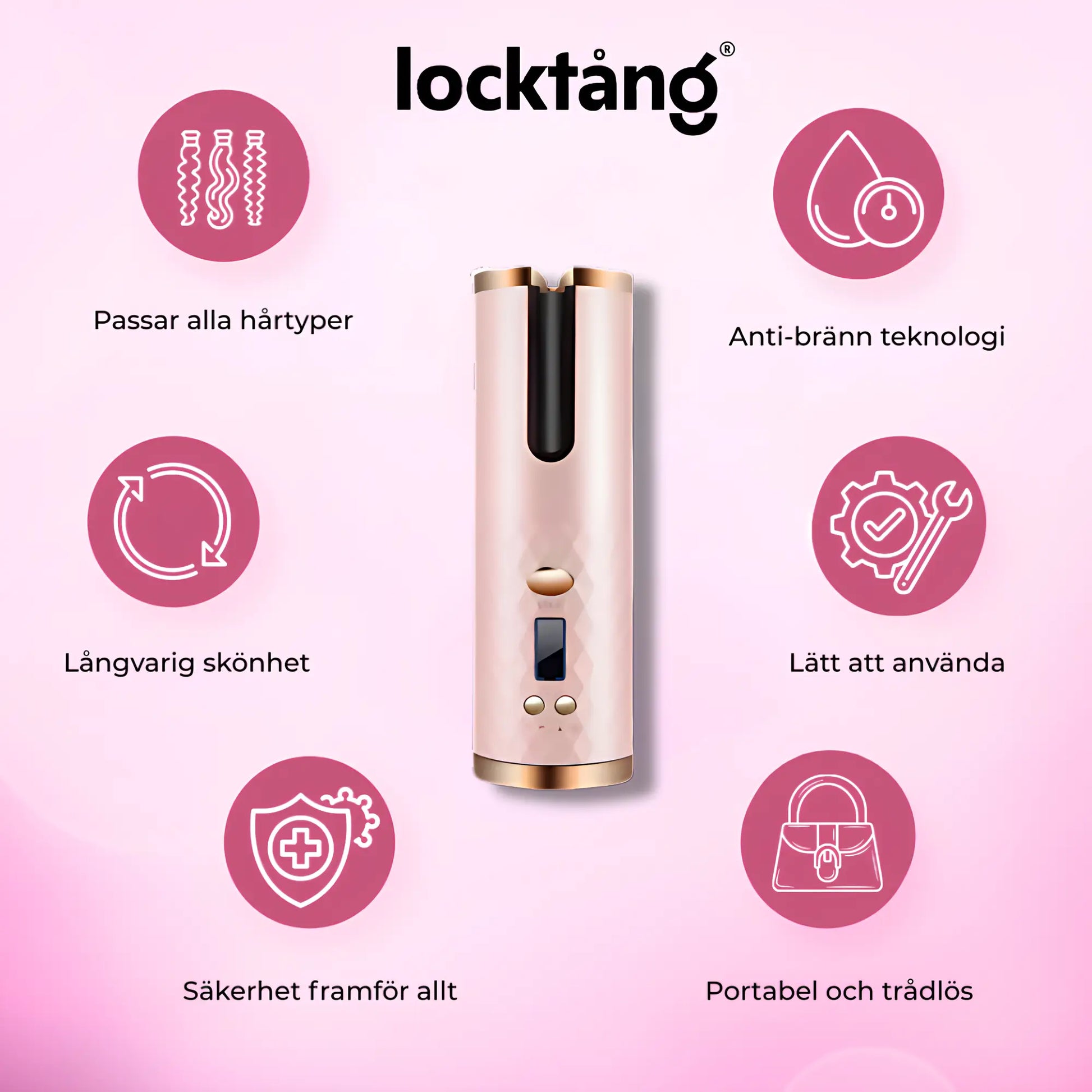 Rosa locktång, perfekt för alla hårtyper (kort, långt, tjockt, fint, torrt), med fördelar som: kompakt design, automatisk avstängning för säkerhet, enkel användning utan risk för brännskador, snabbt och långvarigt resultat, och smidig hantering. Lätt, trådlös och hjälper dig att skapa vackra, feminina lockar som håller hela dagen.