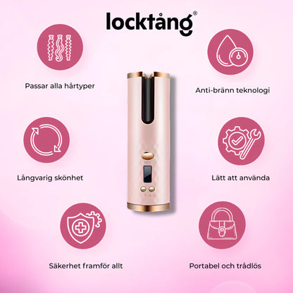 Rosa locktång, perfekt för alla hårtyper (kort, långt, tjockt, fint, torrt), med fördelar som: kompakt design, automatisk avstängning för säkerhet, enkel användning utan risk för brännskador, snabbt och långvarigt resultat, och smidig hantering. Lätt, trådlös och hjälper dig att skapa vackra, feminina lockar som håller hela dagen.