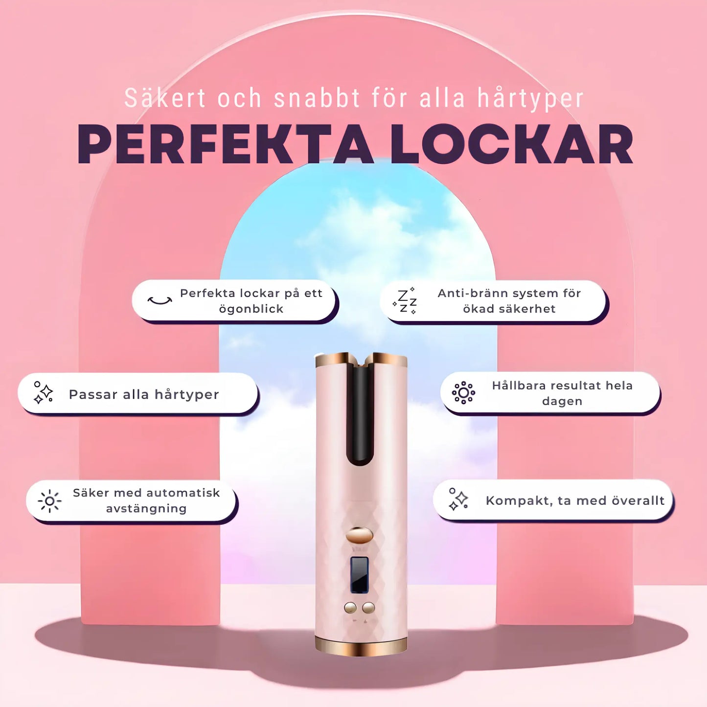 Rosa locktång, lämplig för alla hårtyper (kort, långt, tjockt, fint, torrt), med fördelar som: minskat utrymmesbehov, automatisk avstängningsfunktion för säkerhet, upplevelse utan brännskador, snabb och långvarig resultat, samt enkel och smidig användning. Produkten är lätt, trådlös och hjälper till att känna sig vacker, feminin och självsäker med underbara lockar.