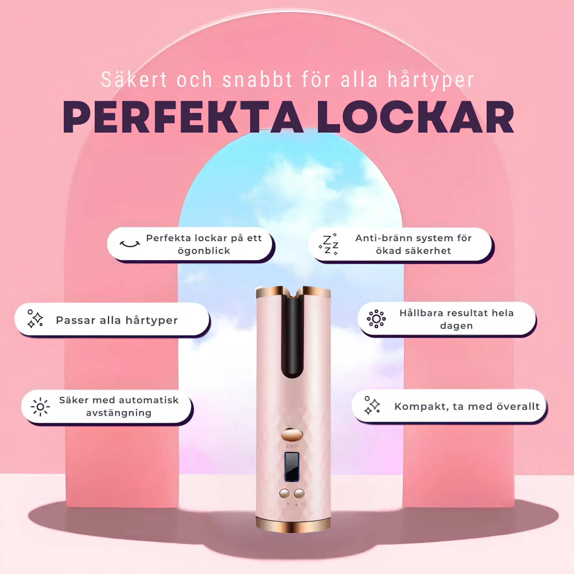 Rosa locktång, lämplig för alla hårtyper (kort, långt, tjockt, fint, torrt), med fördelar som: minskat utrymmesbehov, automatisk avstängningsfunktion för säkerhet, upplevelse utan brännskador, snabb och långvarig resultat, samt enkel och smidig användning. Produkten är lätt, trådlös och hjälper till att känna sig vacker, feminin och självsäker med underbara lockar.