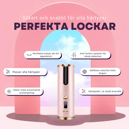 Rosa locktång, lämplig för alla hårtyper (kort, långt, tjockt, fint, torrt), med fördelar som: minskat utrymmesbehov, automatisk avstängningsfunktion för säkerhet, upplevelse utan brännskador, snabb och långvarig resultat, samt enkel och smidig användning. Produkten är lätt, trådlös och hjälper till att känna sig vacker, feminin och självsäker med underbara lockar.
